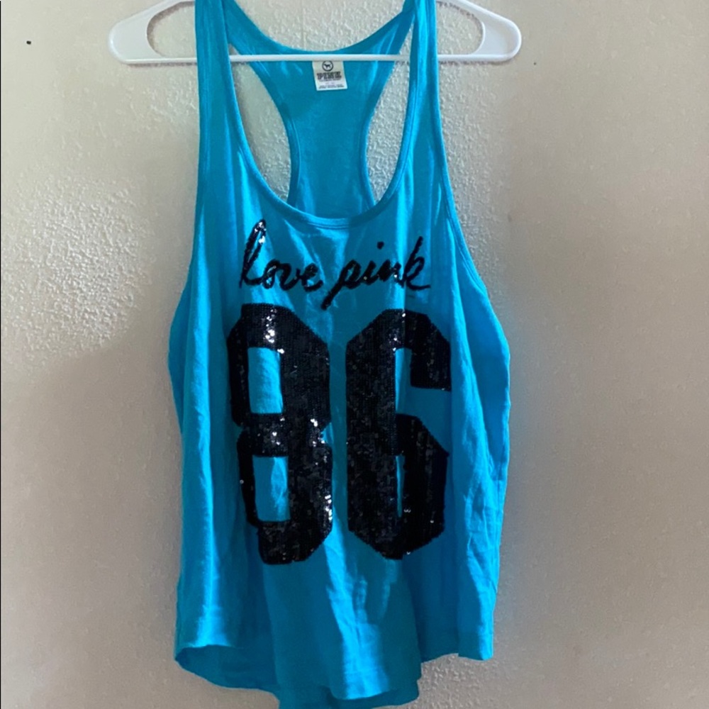 VS PINK Blue, Flowy Racerback Tank Sequined Logo